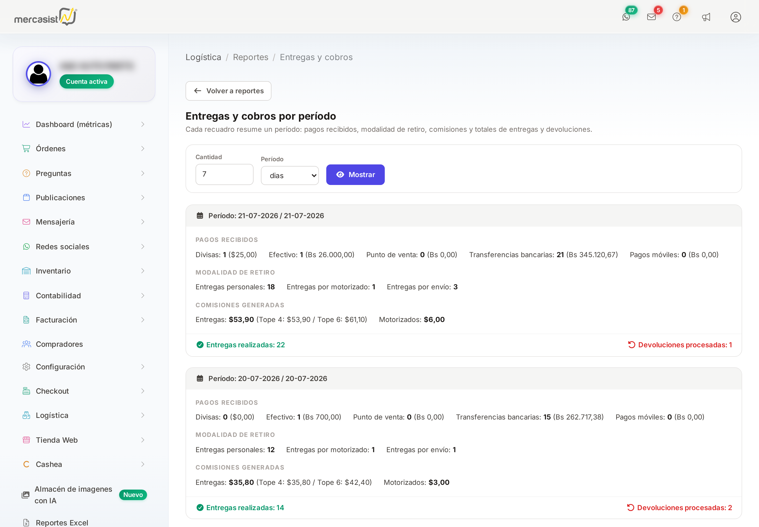 Detalle de entregas y cobros por período