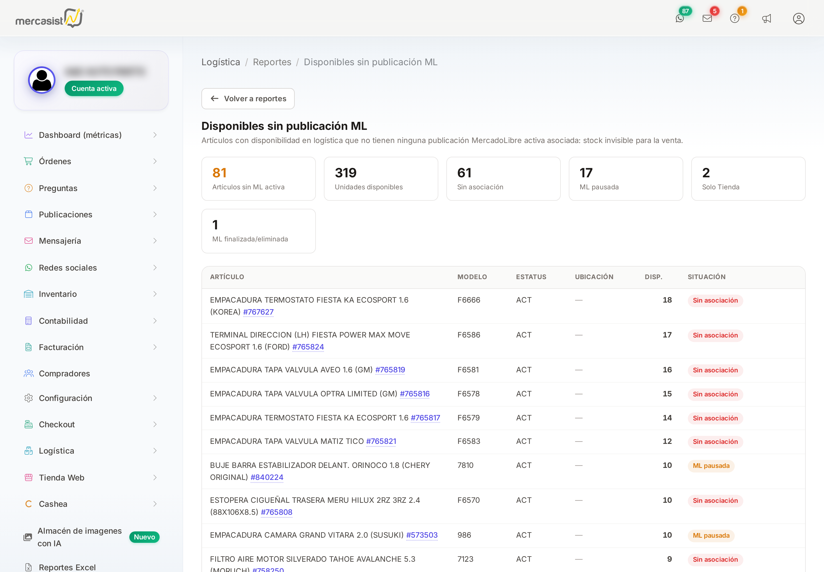 Reporte de disponibles sin publicación ML