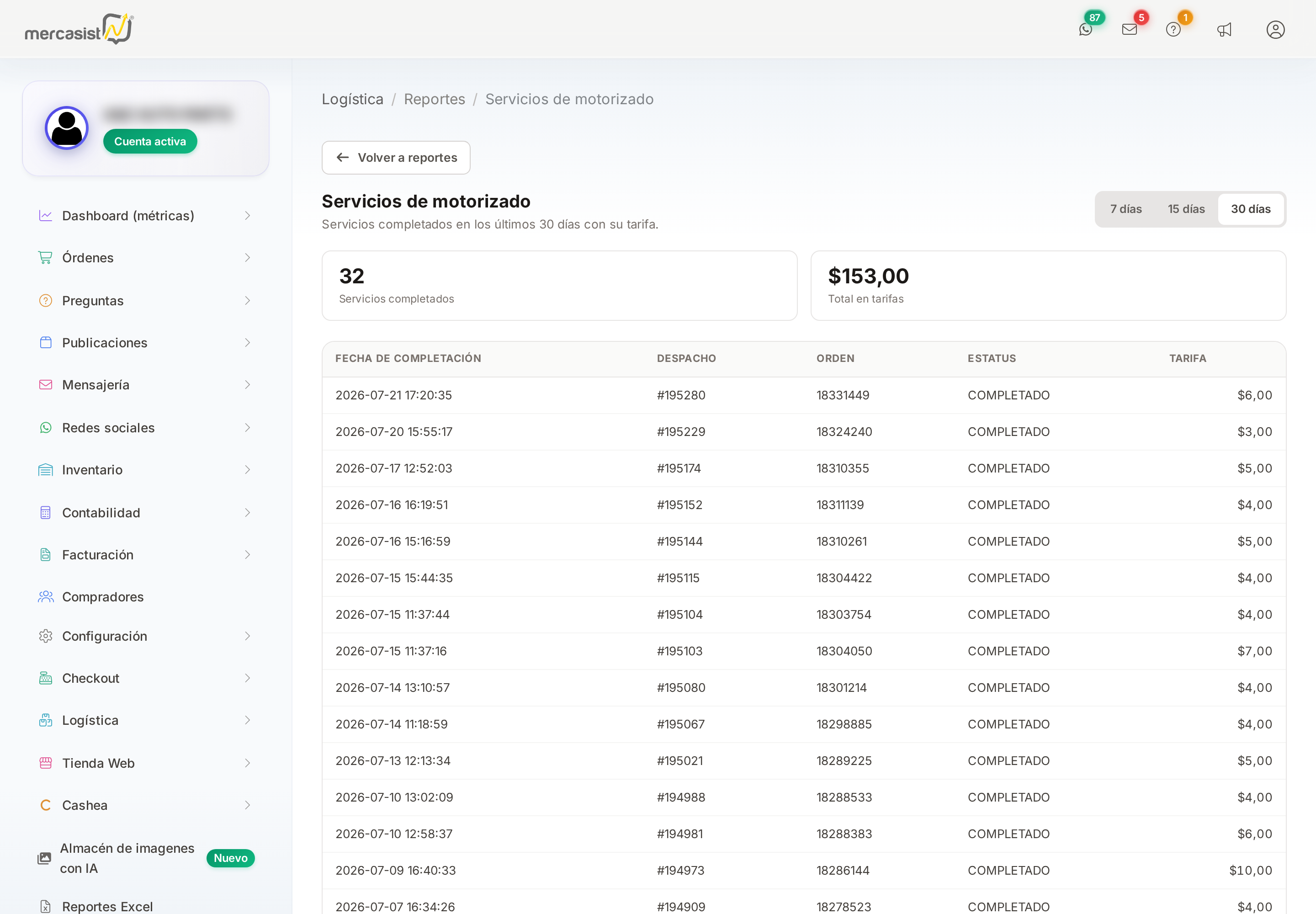 Detalle de servicios de motorizado