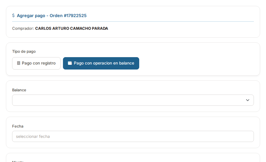 Formulario de pago con balance