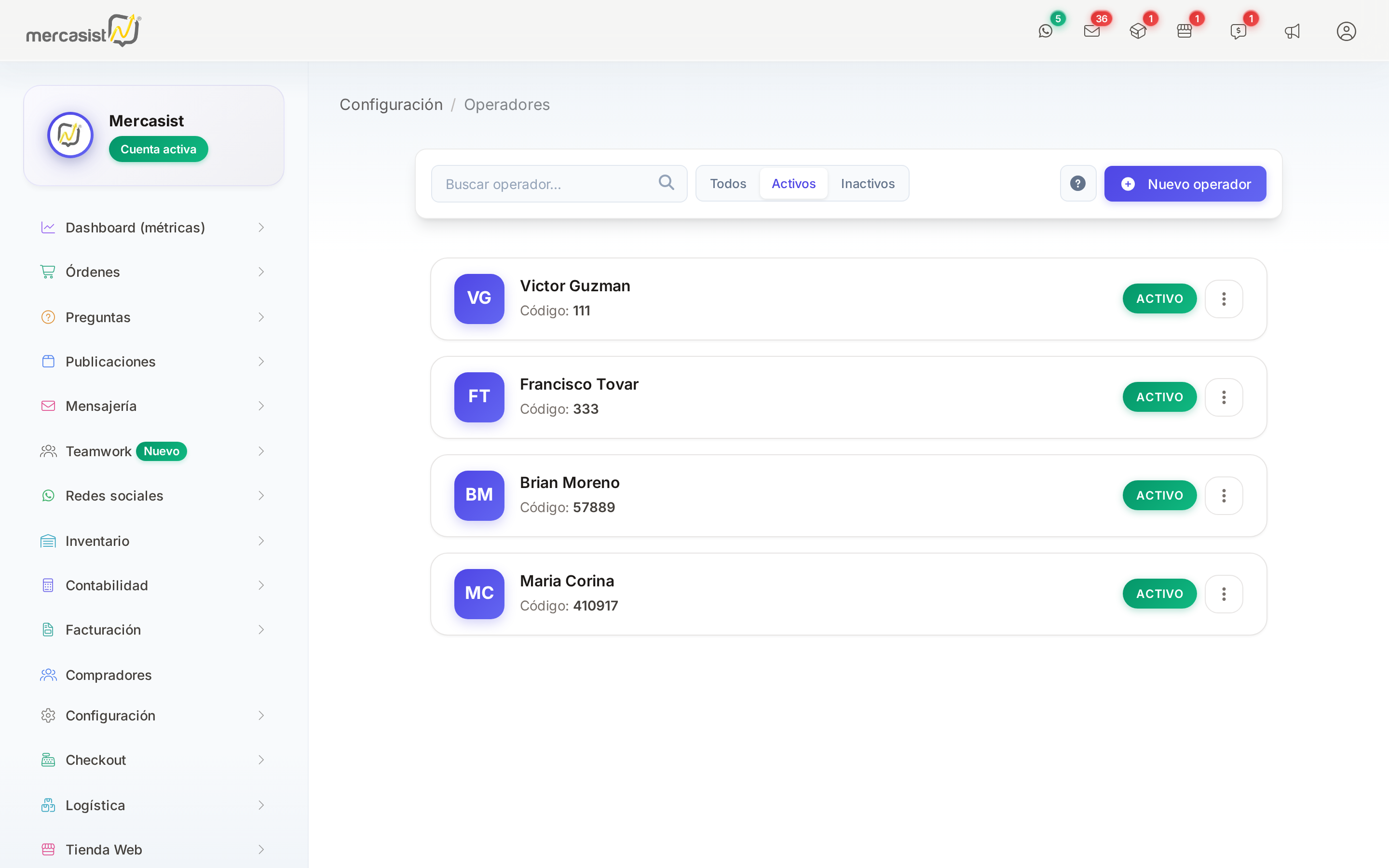 Sección Configuración - Operadores