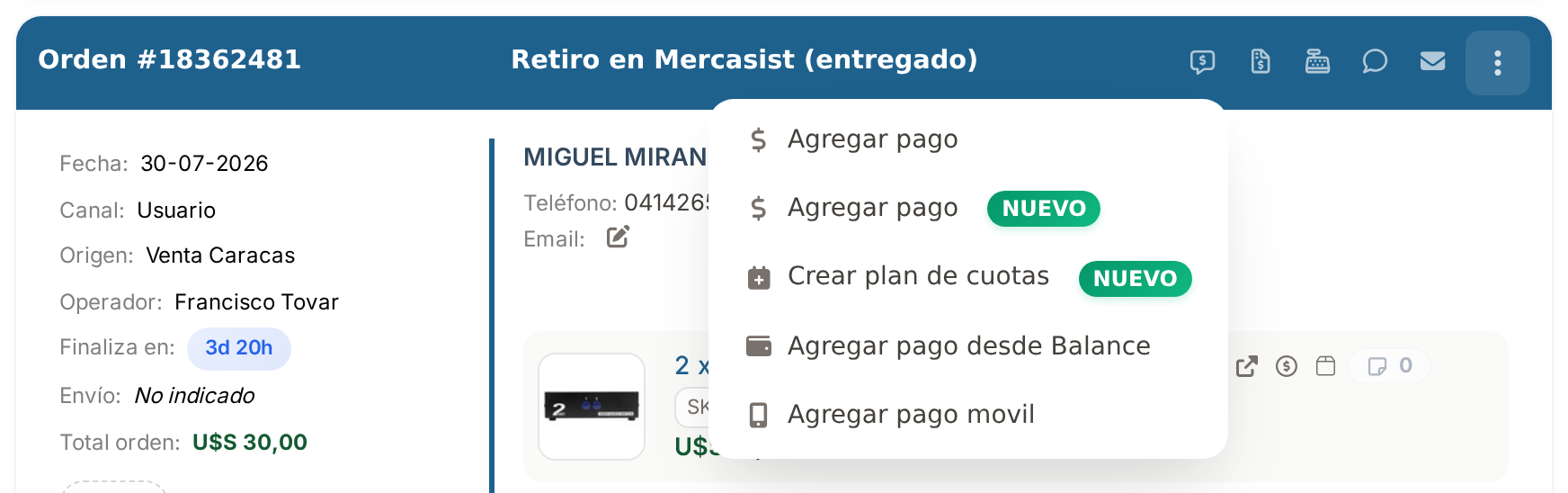 Opción Crear plan de cuotas en el menú de pagos de la orden