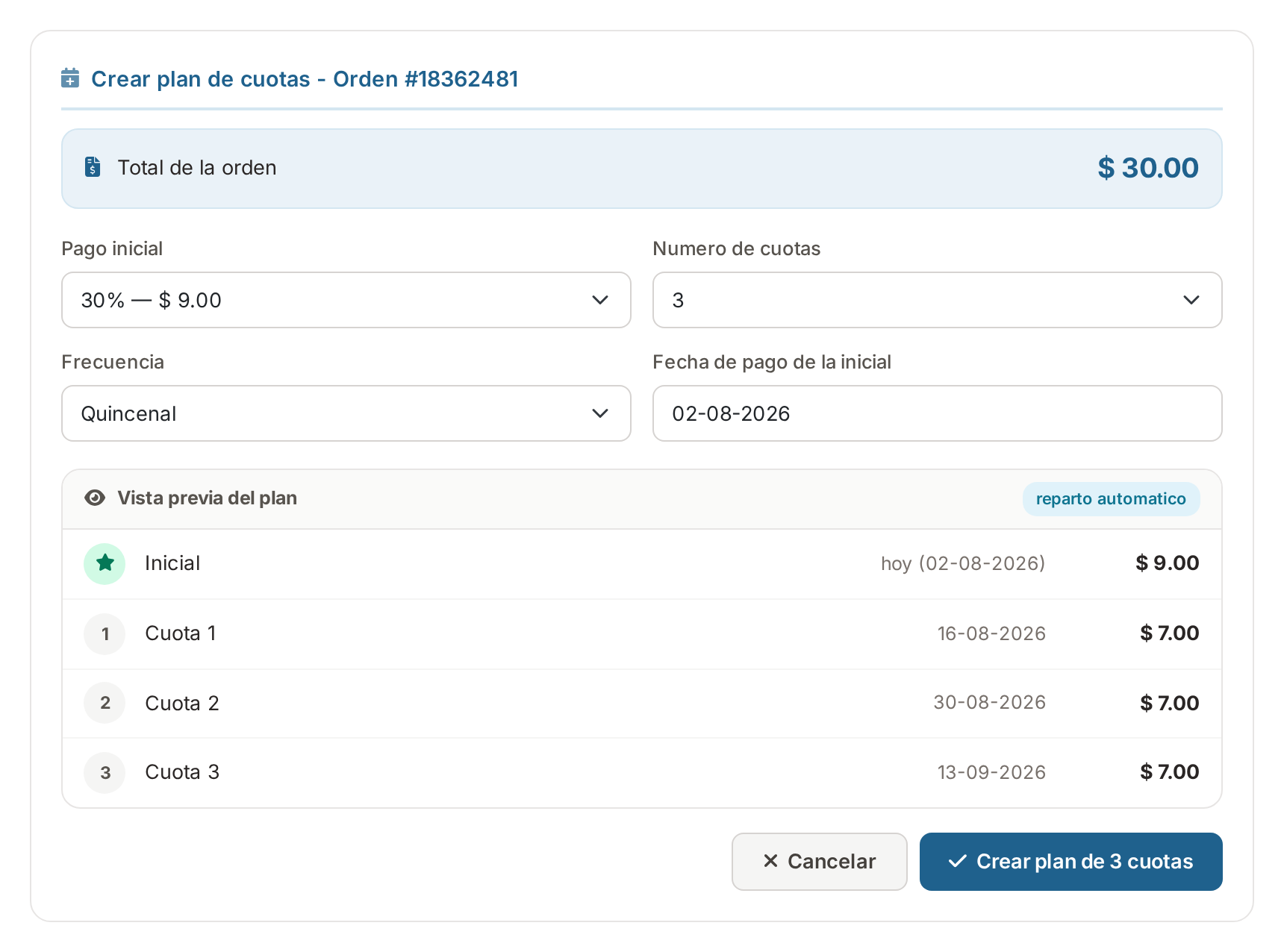 Formulario para crear el plan de cuotas