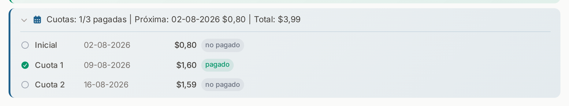 Sección de cuotas dentro de la orden