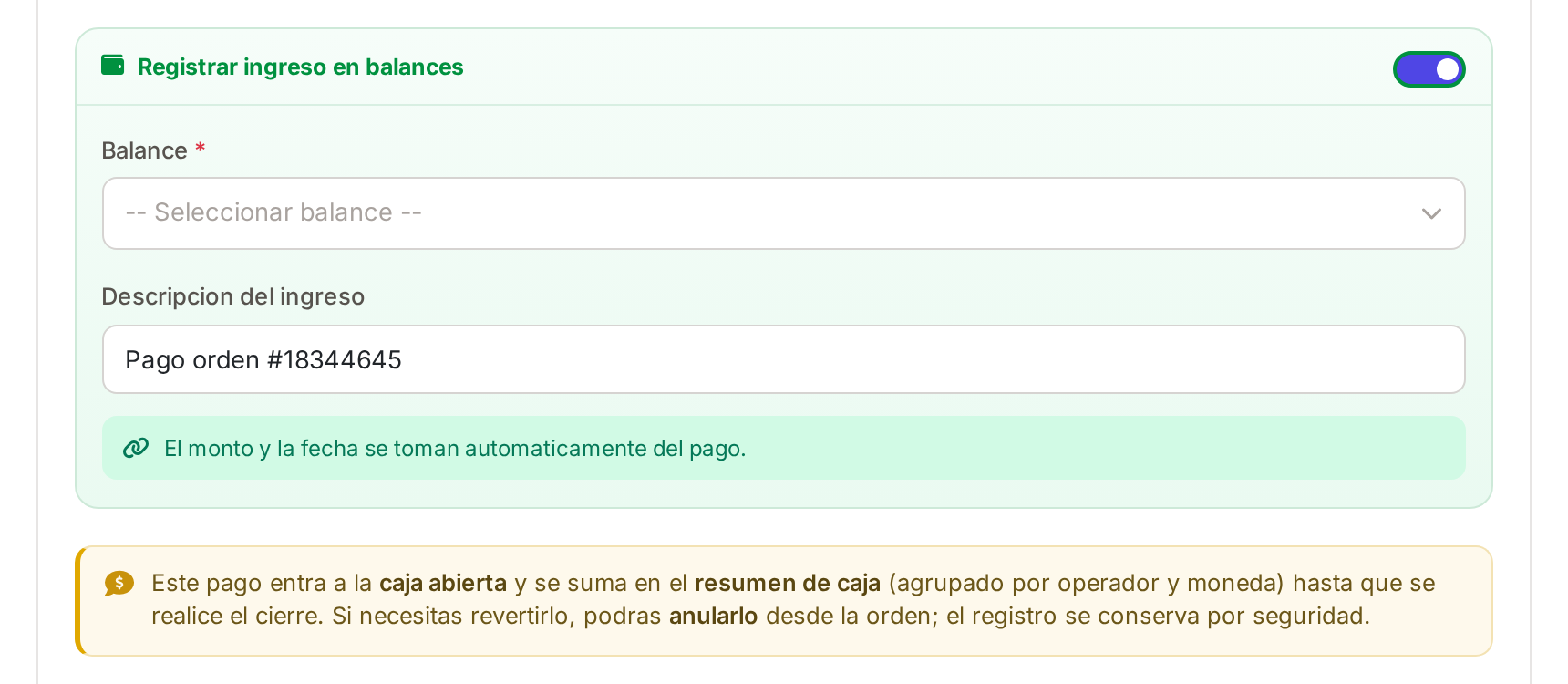 Interruptor para registrar el ingreso en balances