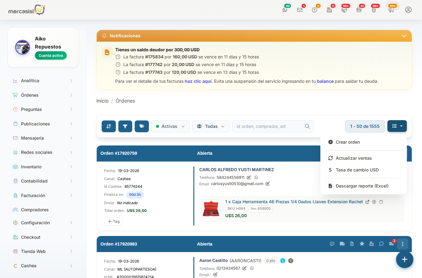 Menu de opciones con Tasa de cambio USD