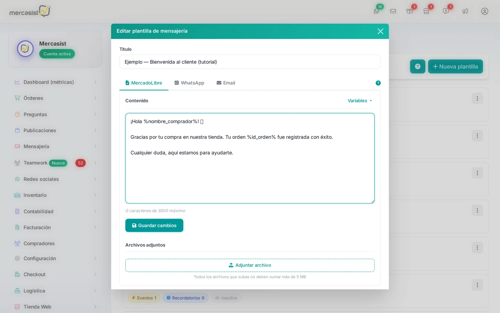 Editor, pestaña MercadoLibre