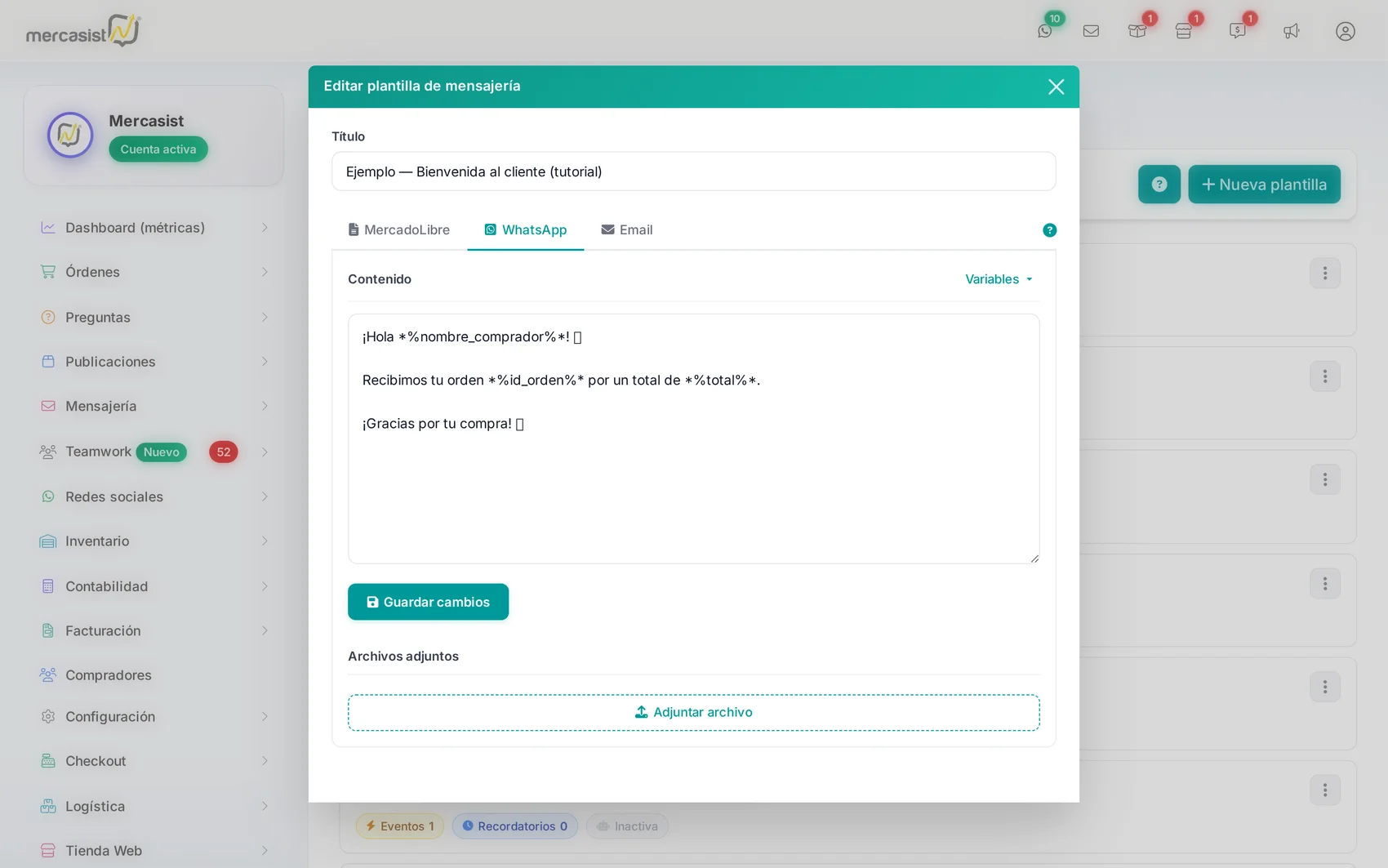 Editor, pestaña WhatsApp