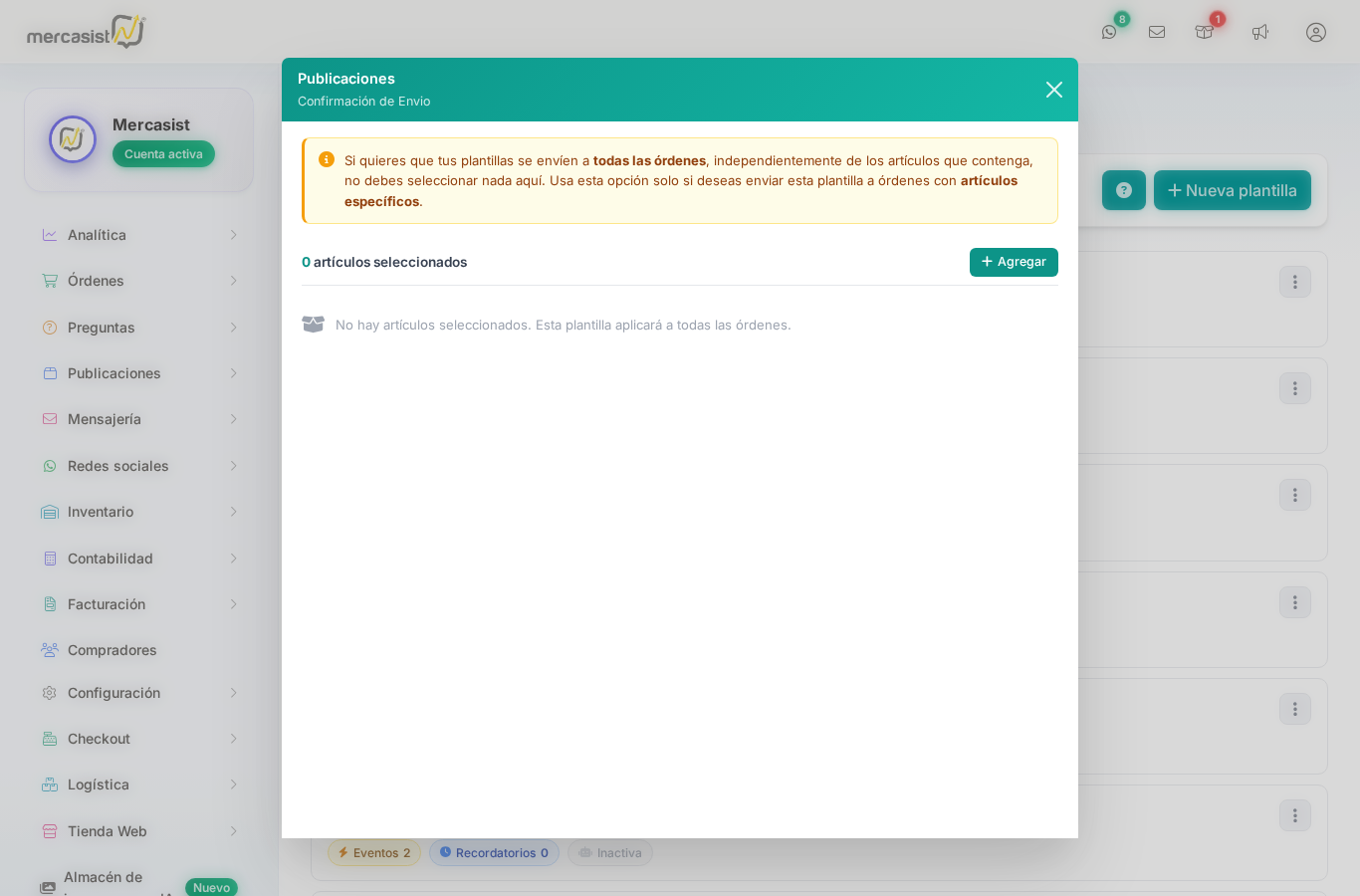 Modal de selección de publicaciones mostrando opción de agregar artículos específicos
