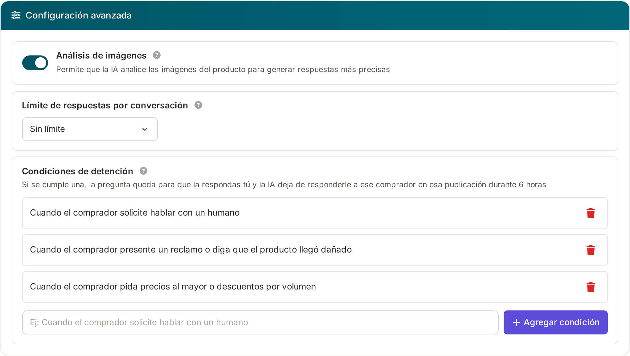Configuracion avanzada de IA con condiciones de detencion