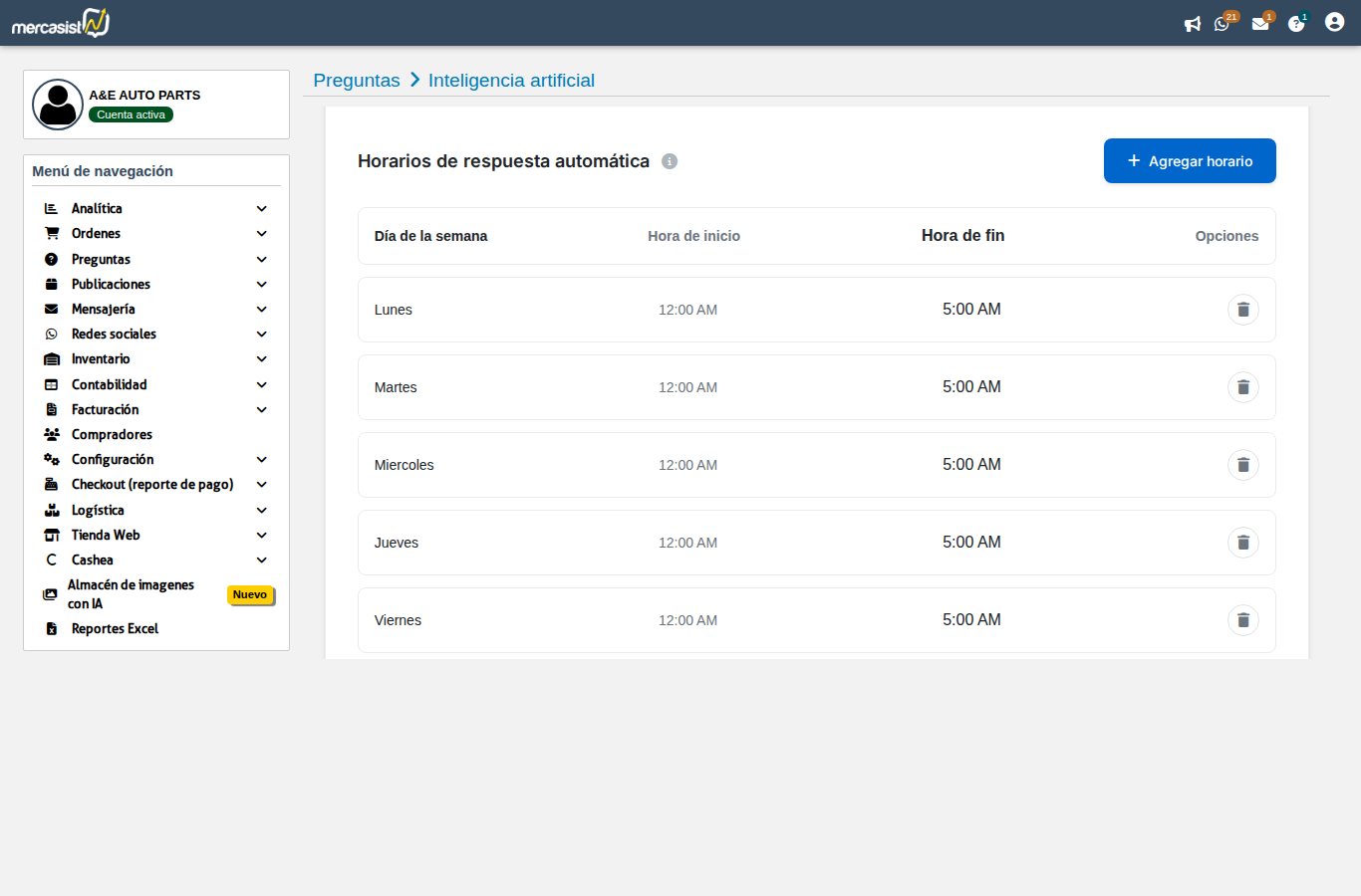 Horarios de respuesta automatica