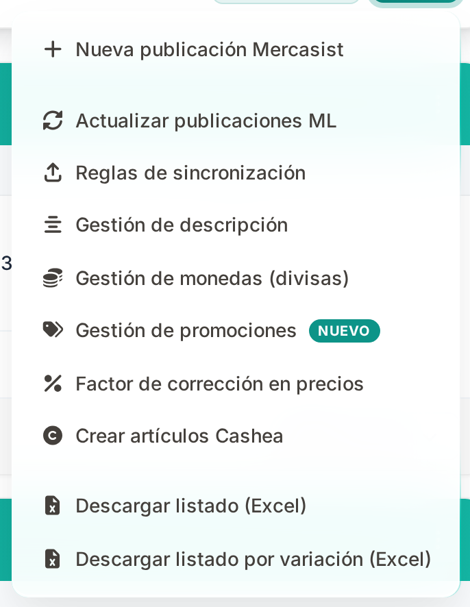 Menú de publicaciones con la opción Gestión de promociones