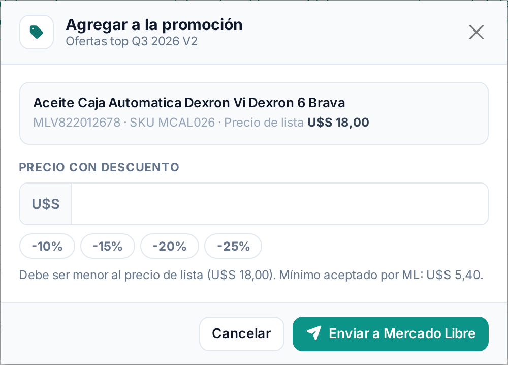 Ventana para agregar una publicación a la promoción con el precio con descuento