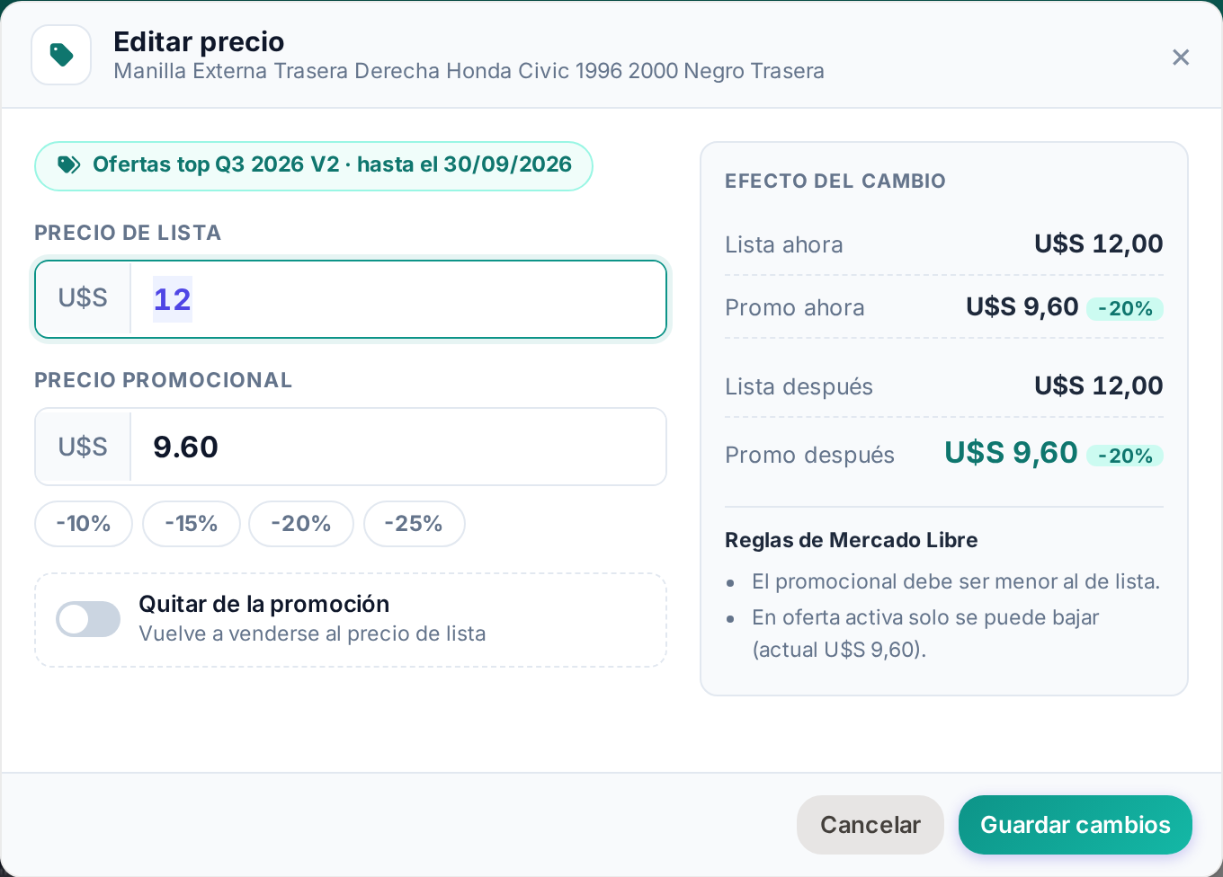 Ventana de editar precio con el precio de lista, el promocional y el panel de efecto del cambio