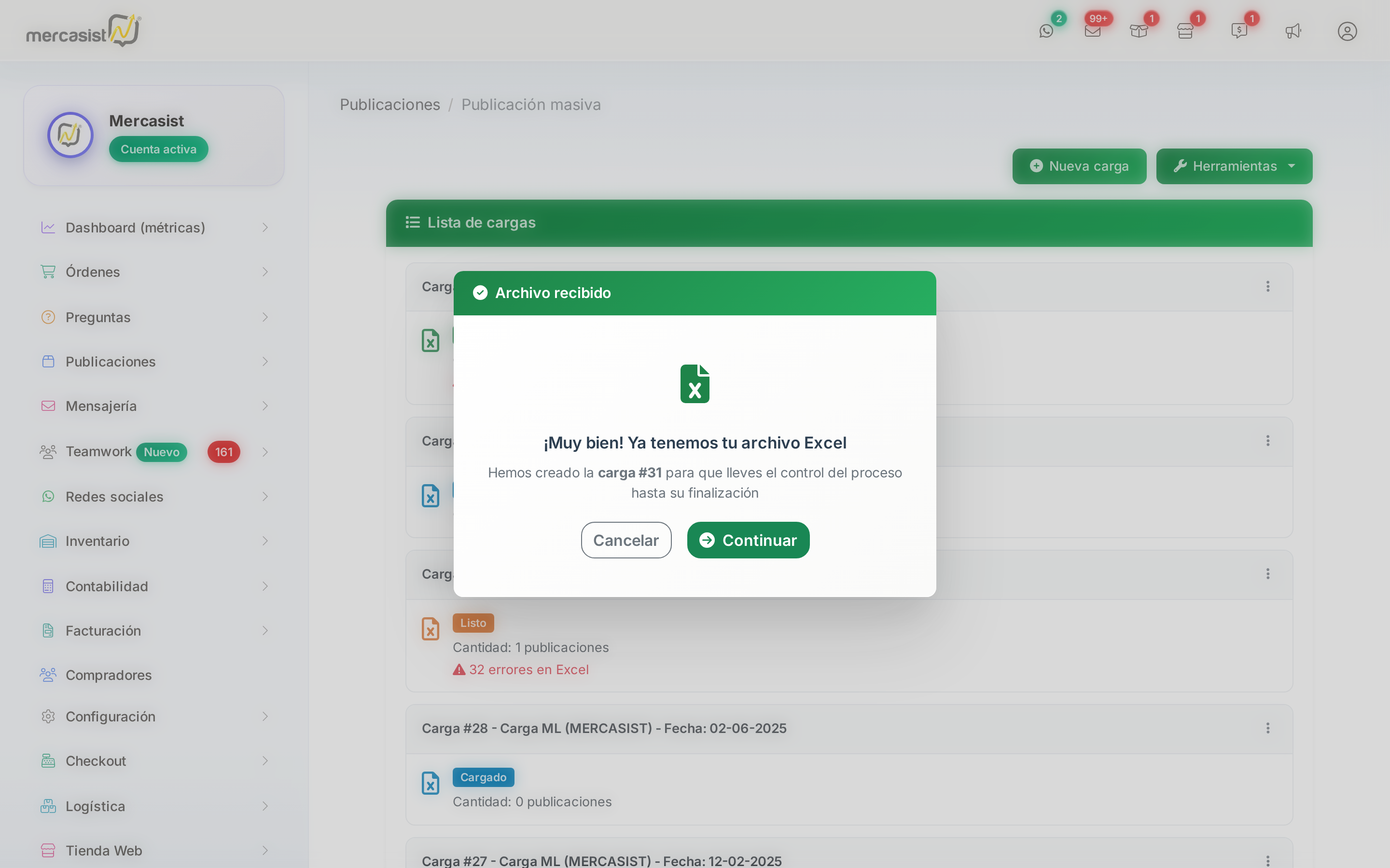 Modal de archivo recibido con el n&uacute;mero de carga