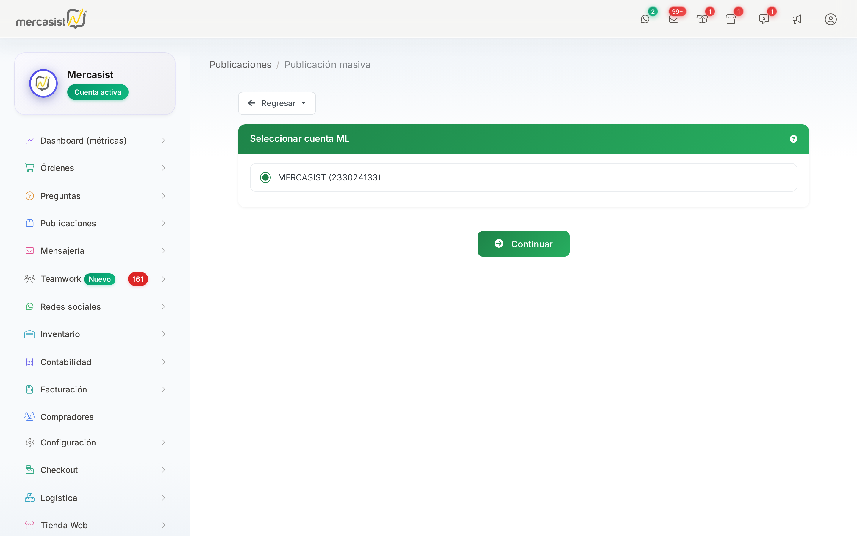 Selecci&oacute;n de cuenta de MercadoLibre