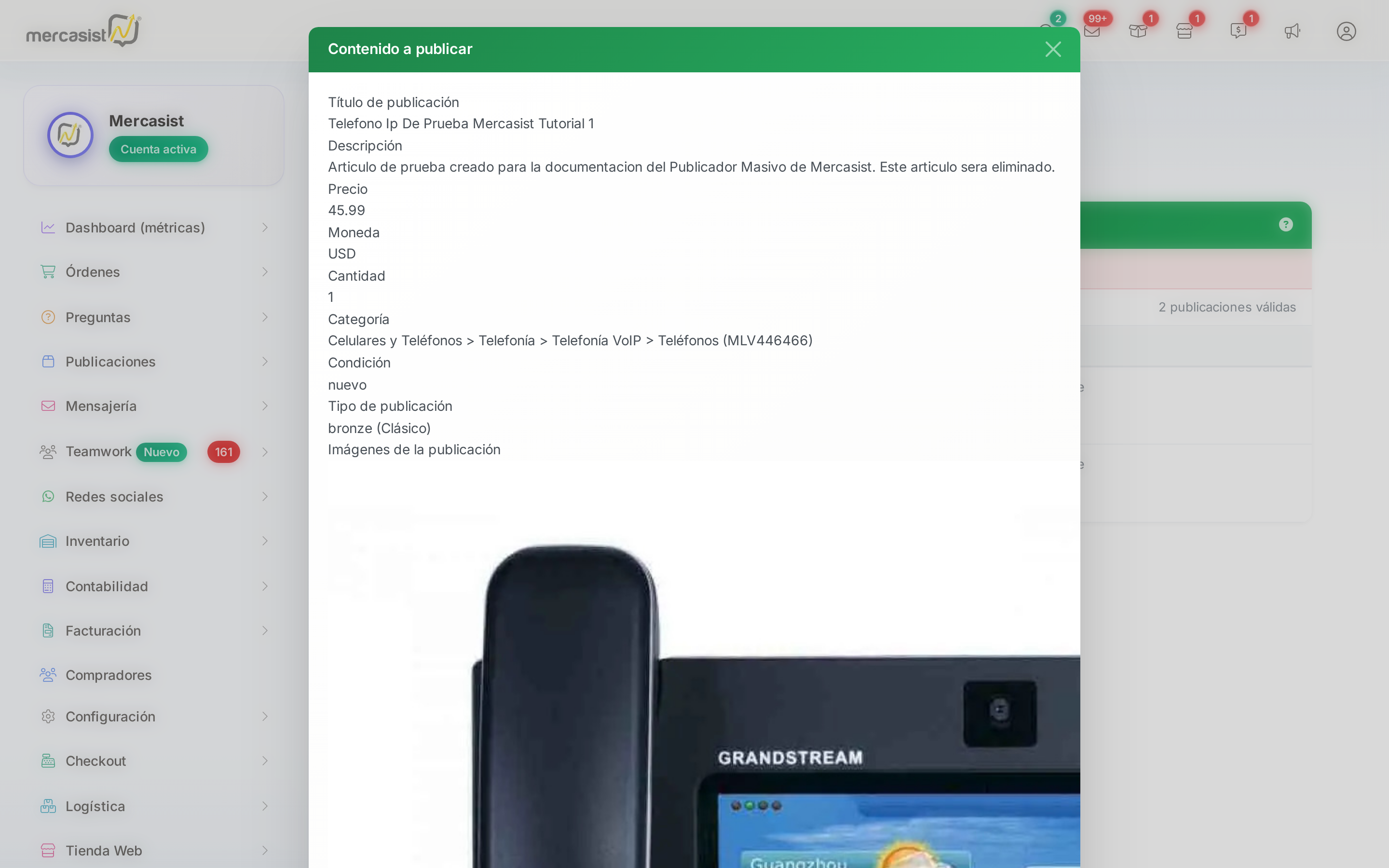 Modal de contenido a publicar