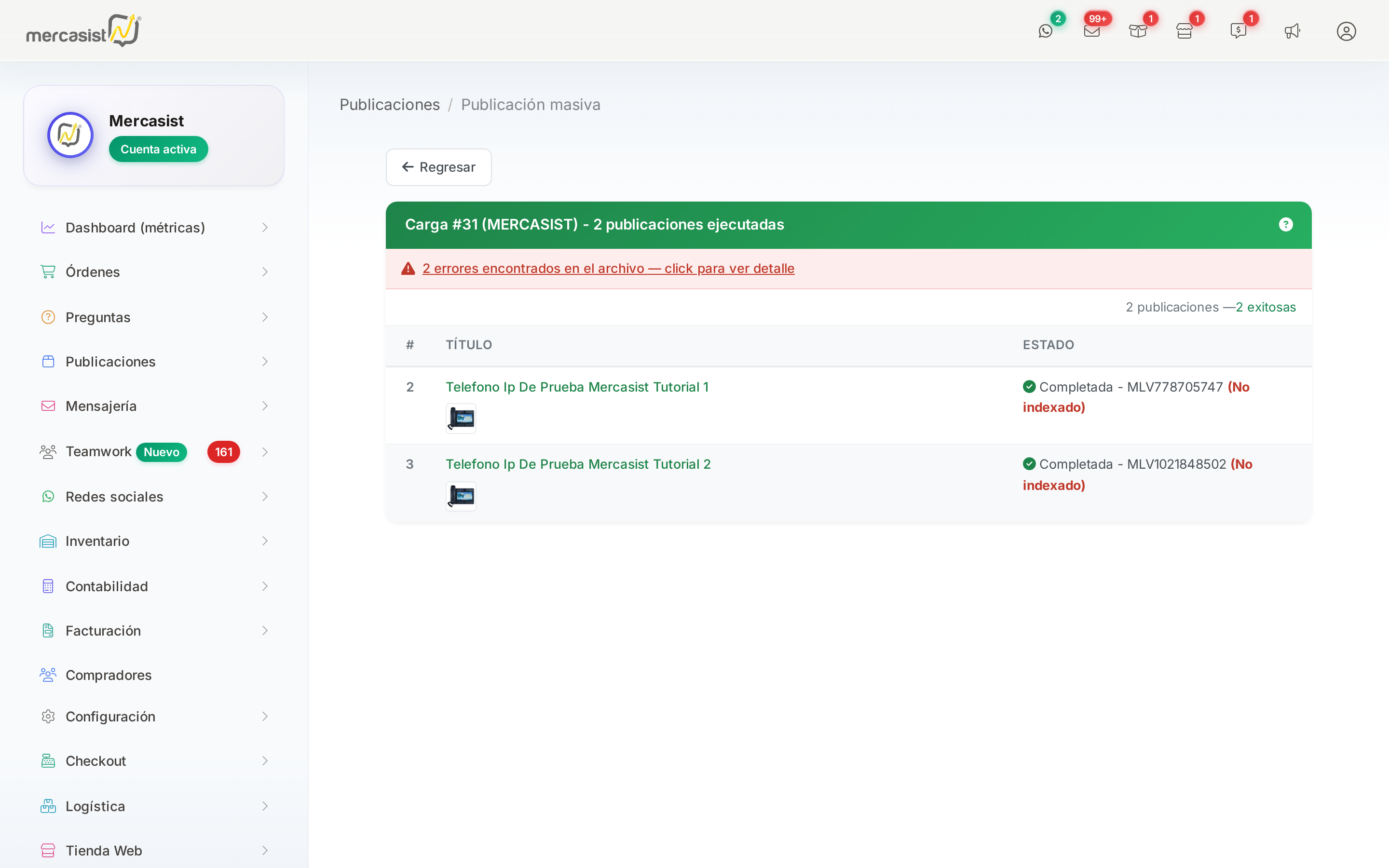 Carga completada con publicaciones exitosas