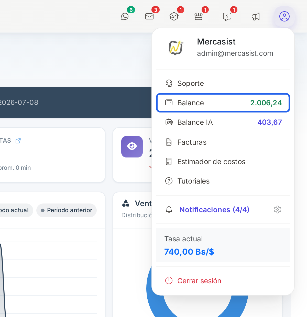 Menú de usuario con la opción Balance resaltada