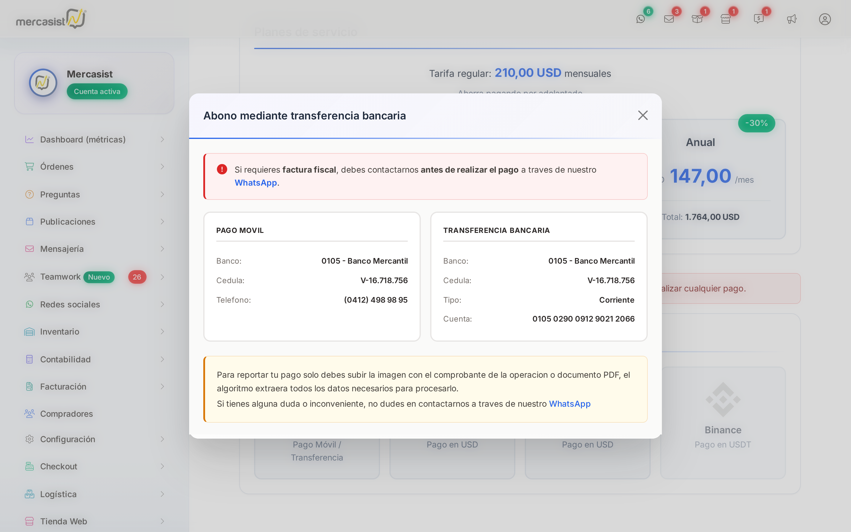 Ventana con los datos bancarios para Pago Móvil y Transferencia
