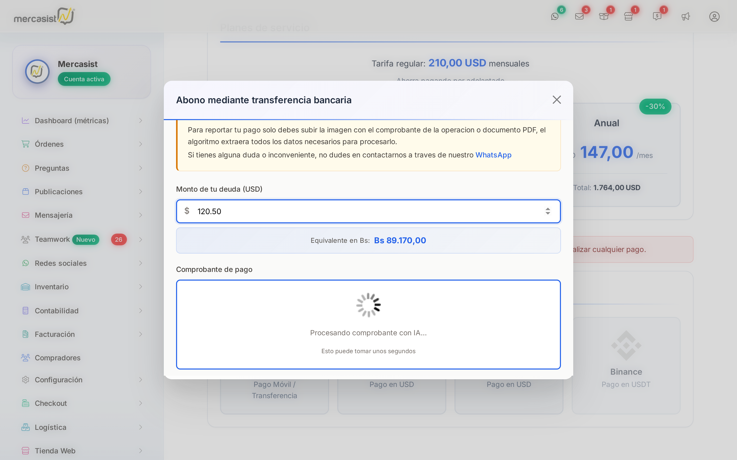 Comprobante siendo procesado automáticamente
