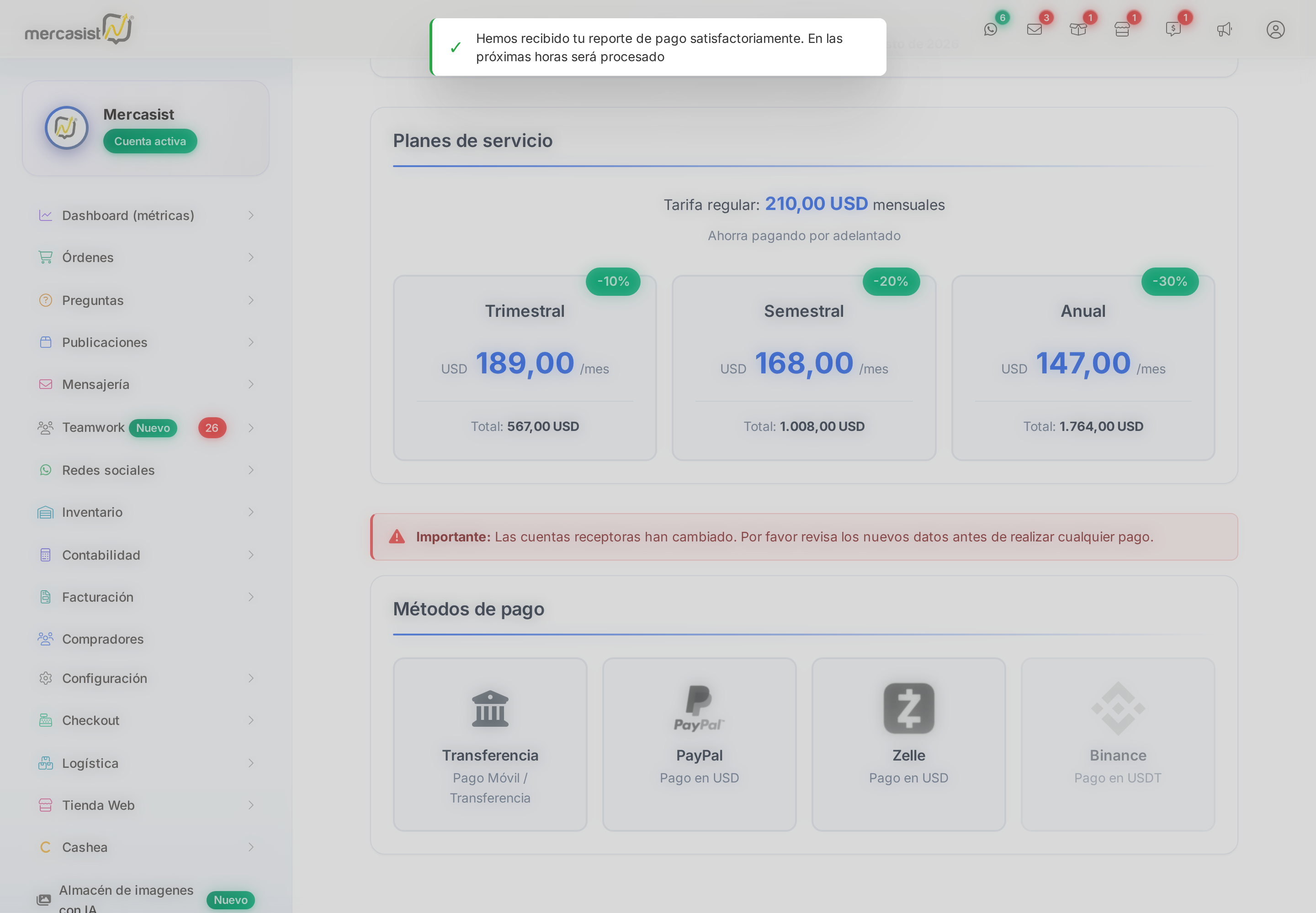 Mensaje de confirmación del reporte de pago