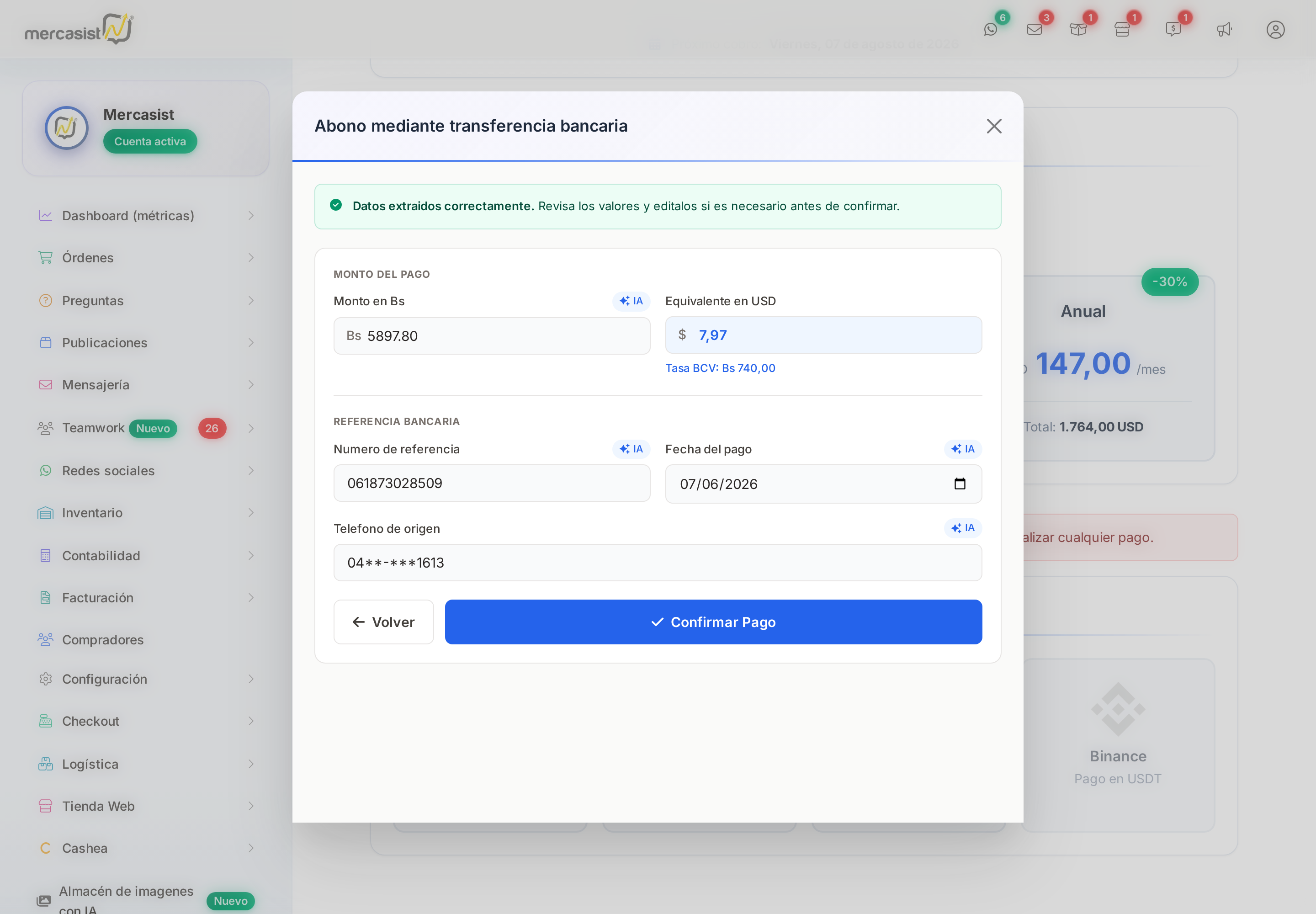 Datos del comprobante extraídos automáticamente, listos para confirmar
