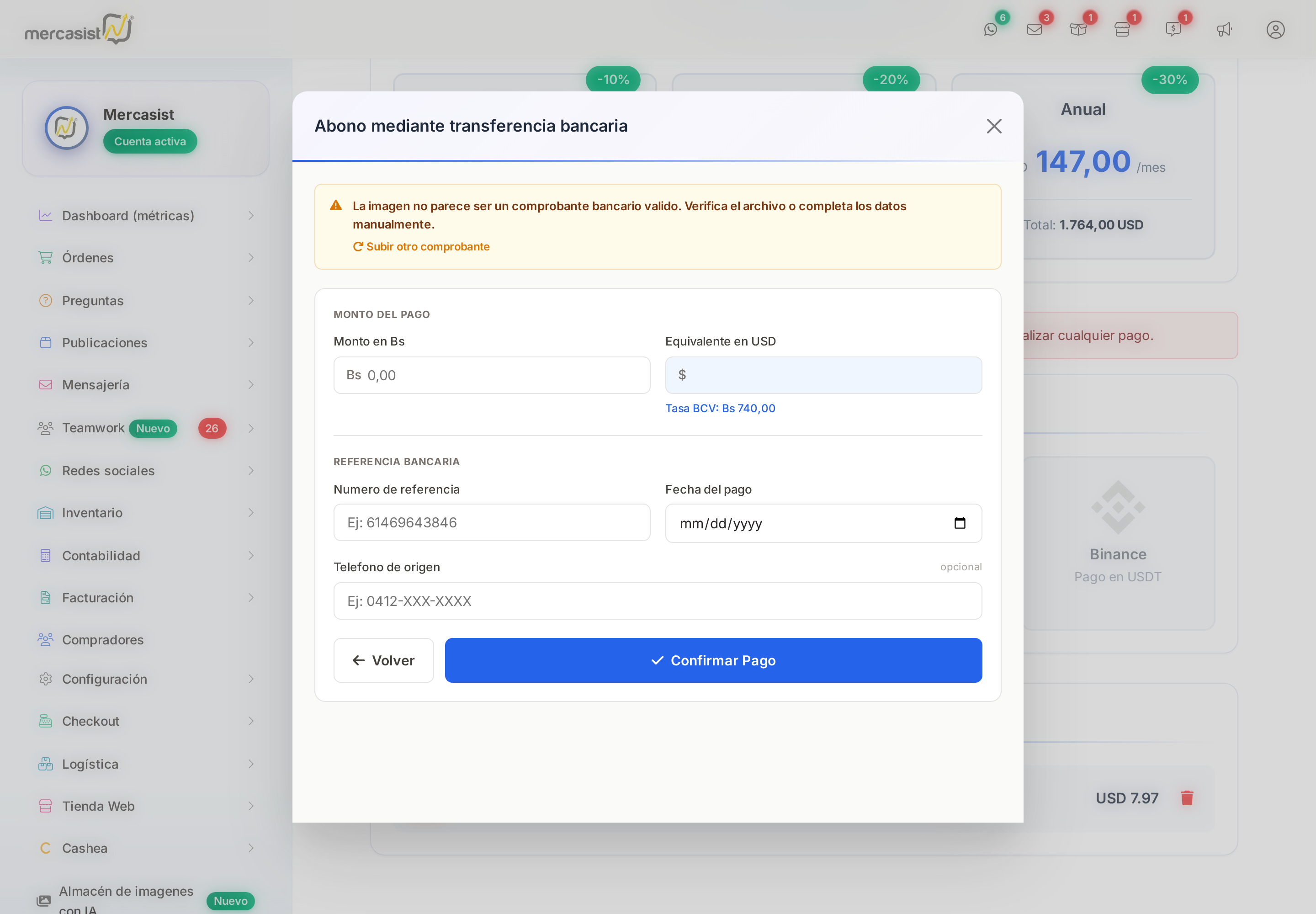Aviso de comprobante no leído con el formulario para completar manualmente