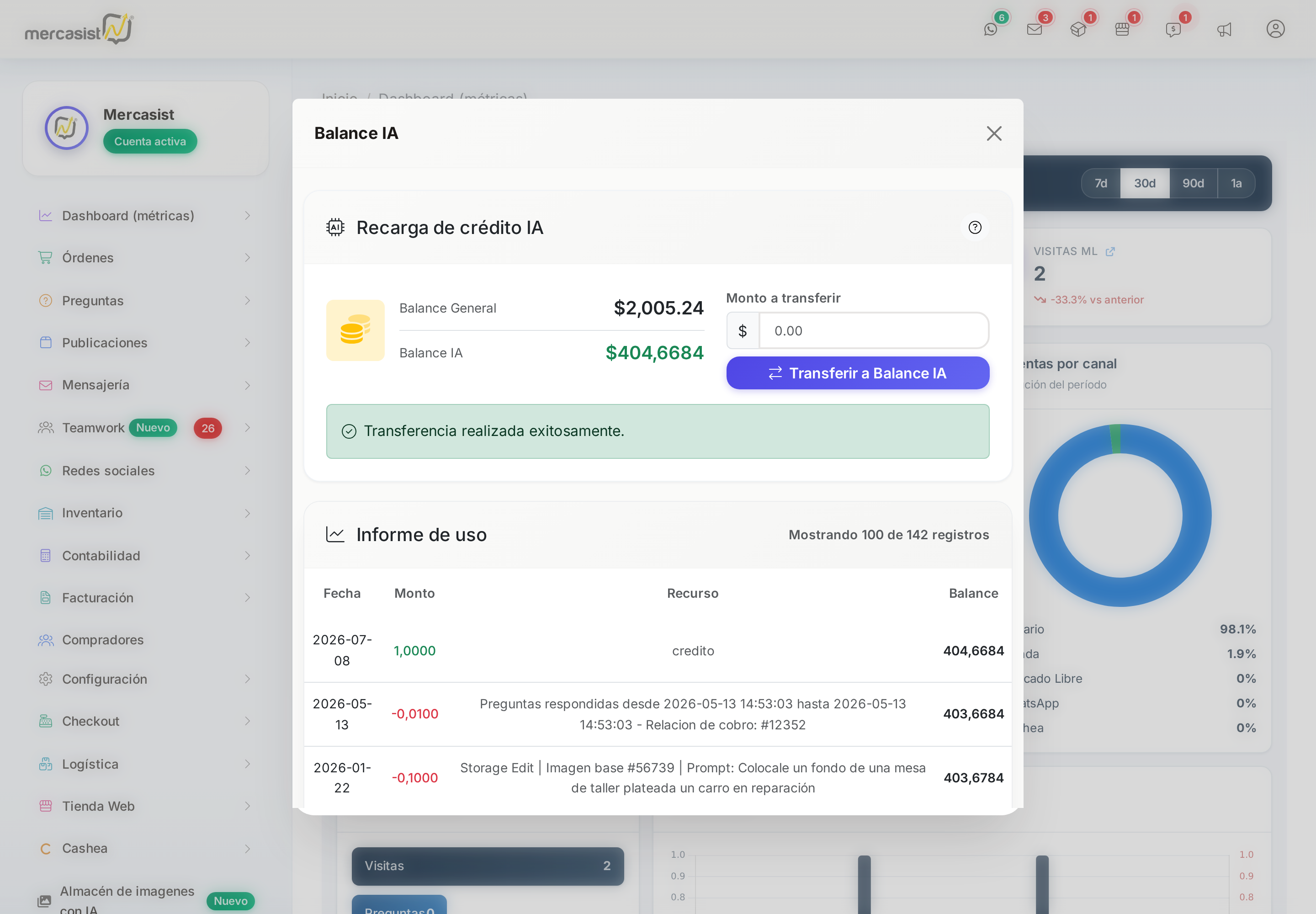 Mensaje de transferencia exitosa con los saldos actualizados