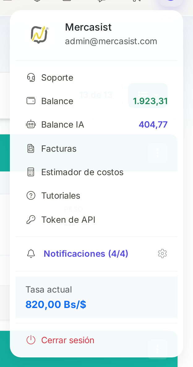 Opción Token de API en el menú de usuario