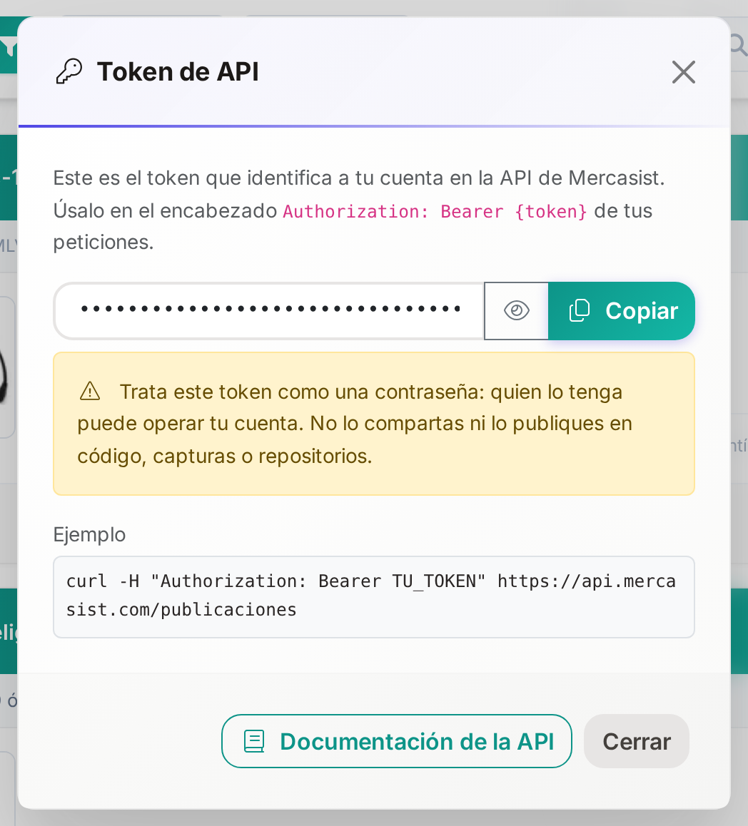 Ventana del Token de API con los botones mostrar y copiar