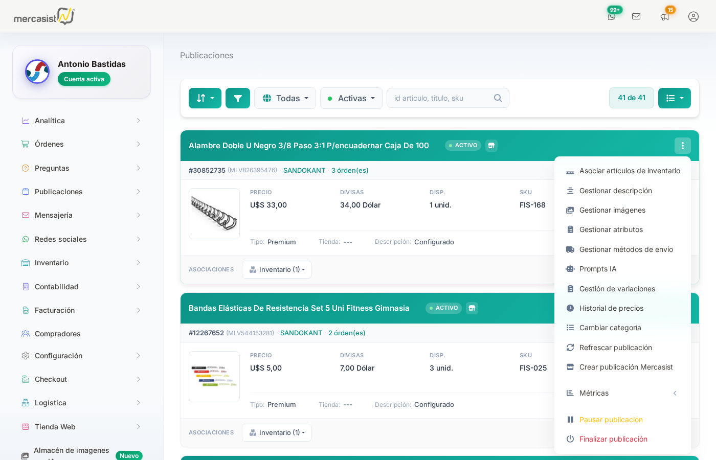Menu de la publicacion con opcion Gestion de variaciones