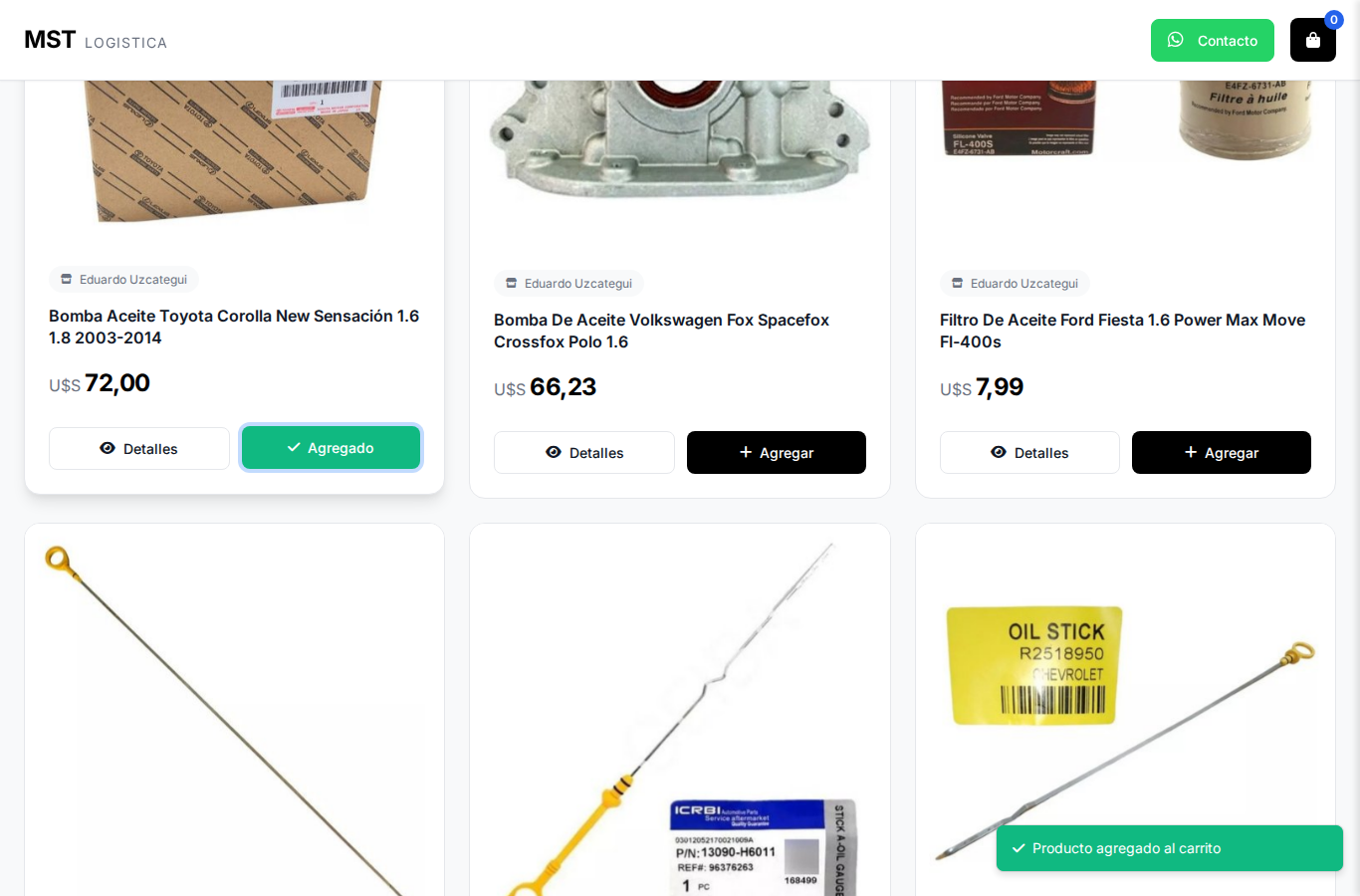 Productos con botones de accion